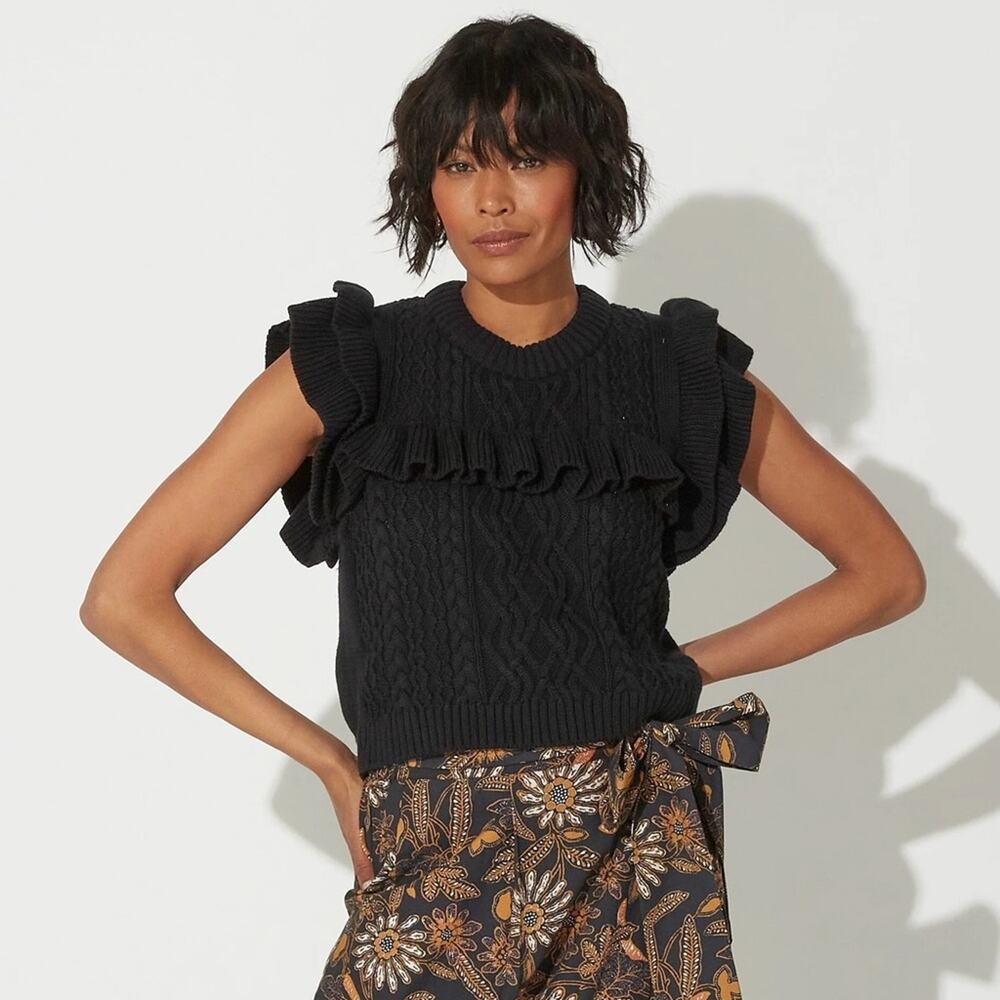 Cleobella NEW Zofia Organic Cotton Knit Crewneck Ruffle Sweater Vest Black XS
